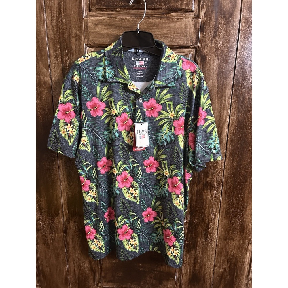 Chaps Polo Shirt Mens Large Gray/Floral Print Performance Tropical Golf Casual